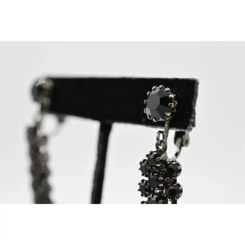 Vintage Statement Earrings Clip On Black Rhinestone Crystal Gunmetal Dangle 9H